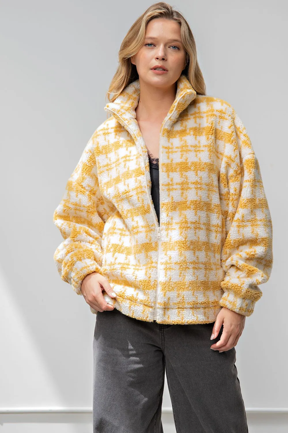 Easel Printed Faux Fur zip Up Jacket