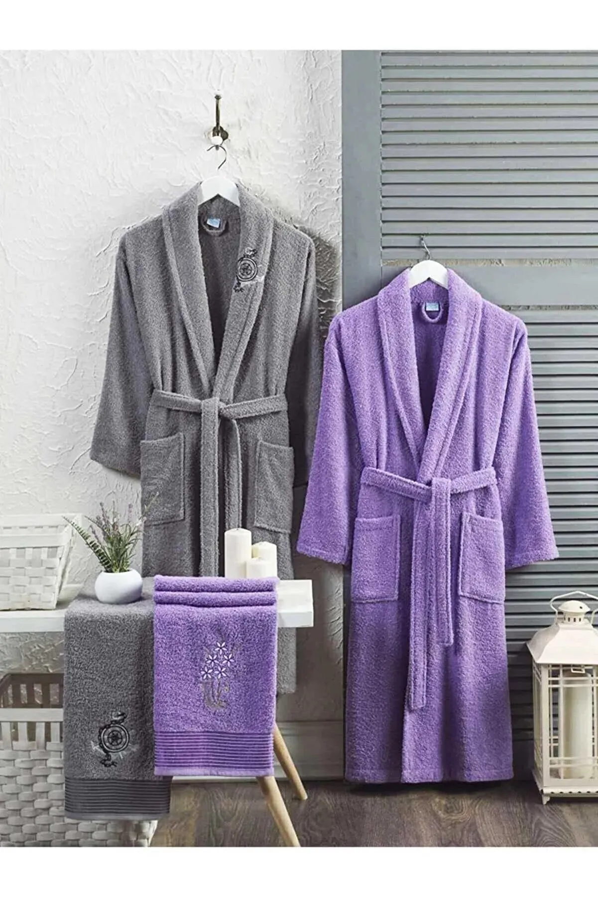 Elmira Textile Women's Purple- Gray Towel 4 Piece Bathrobe