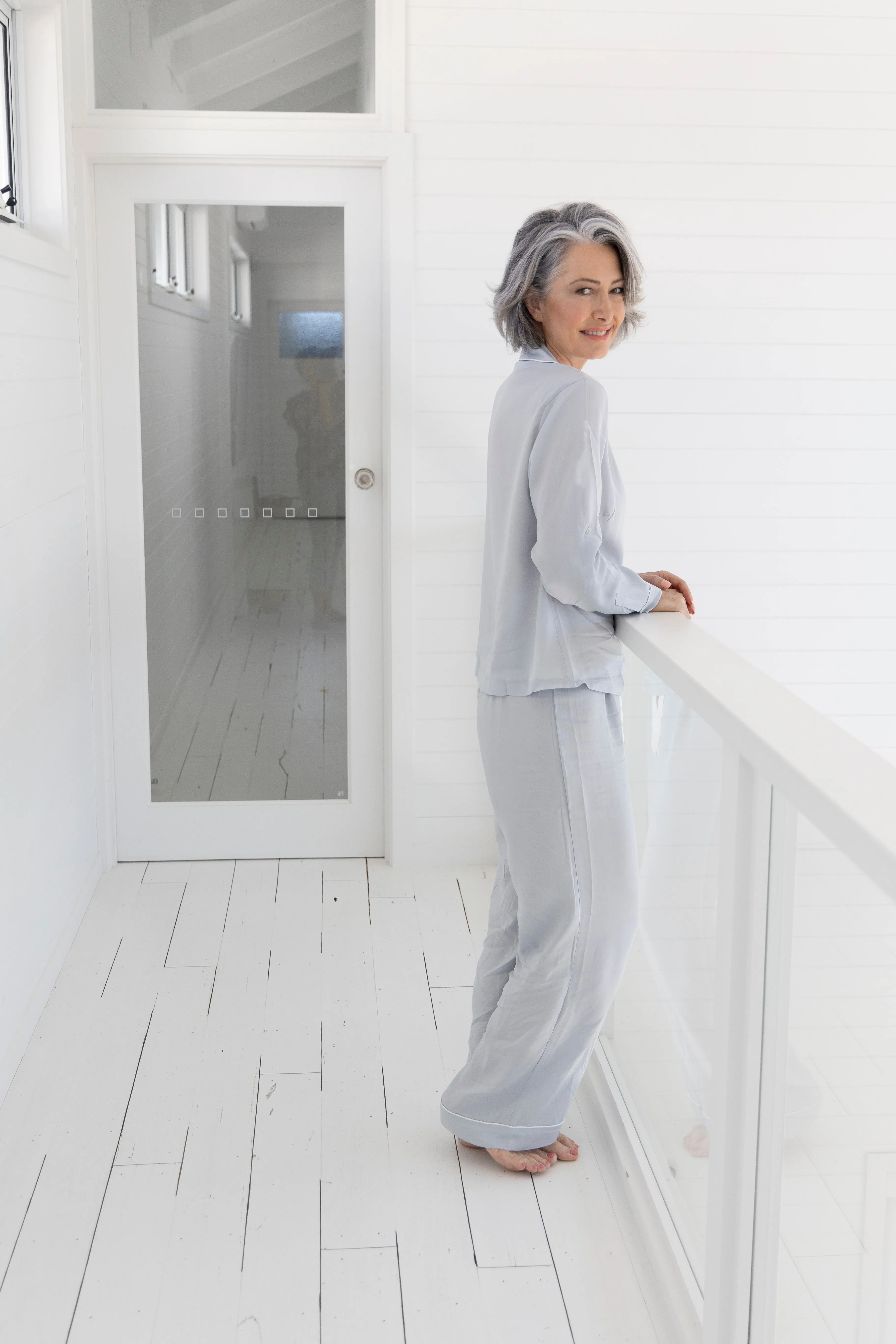 Eva Lounge Tencel™ Pyjama Set - Eggshell Blue with White Piping