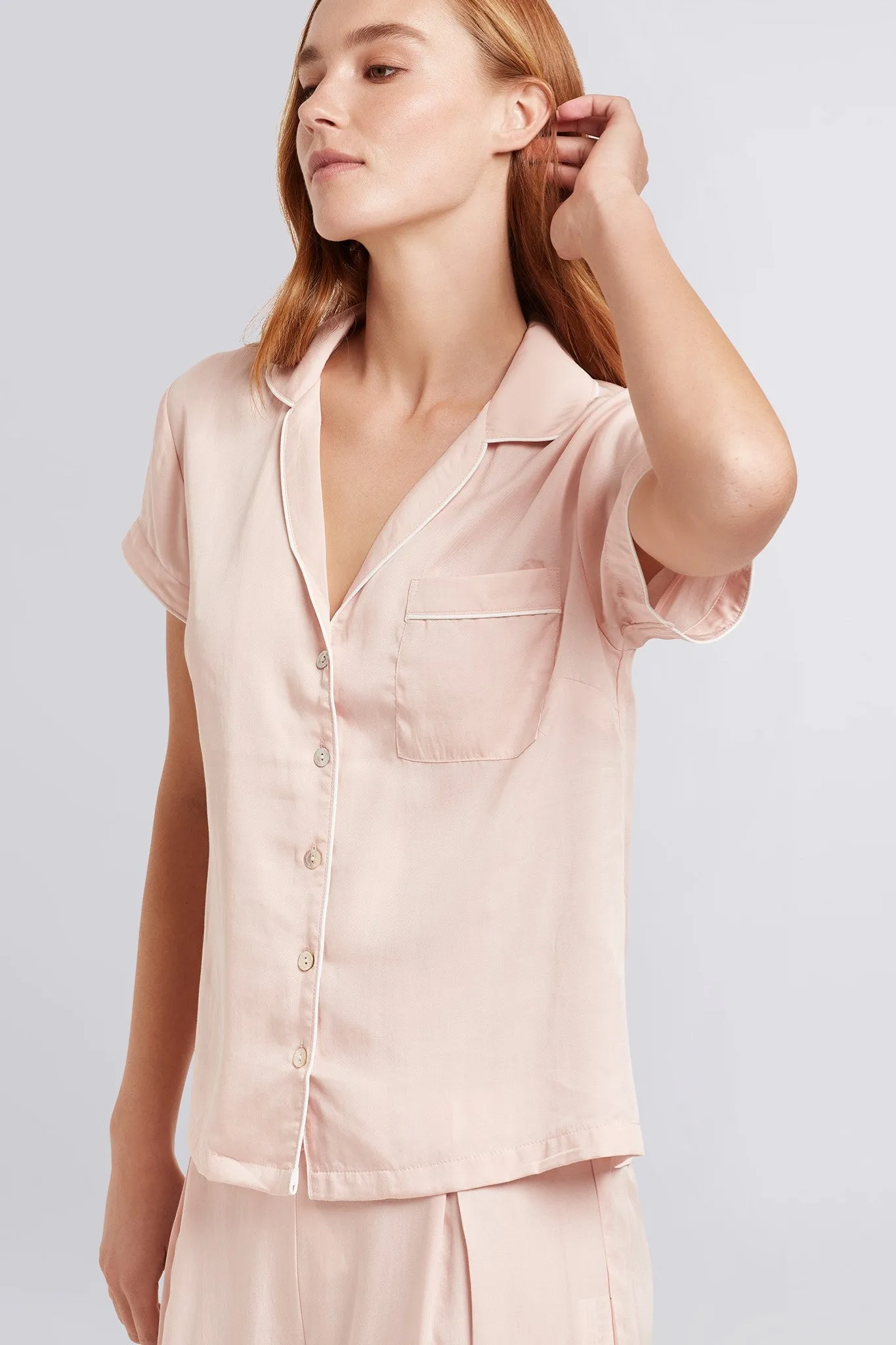 Eva Short Sleeve with Long Pant Tencel™ Pyjama Set - Blush with White Piping