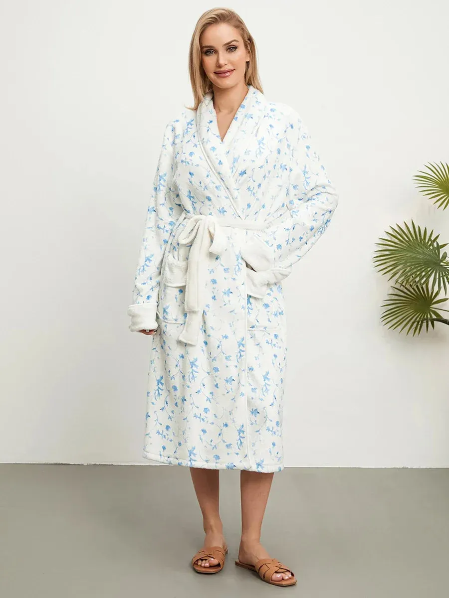 Fleece Floral Print Soft Warm Spa House Bathrobe Plush Pajamas