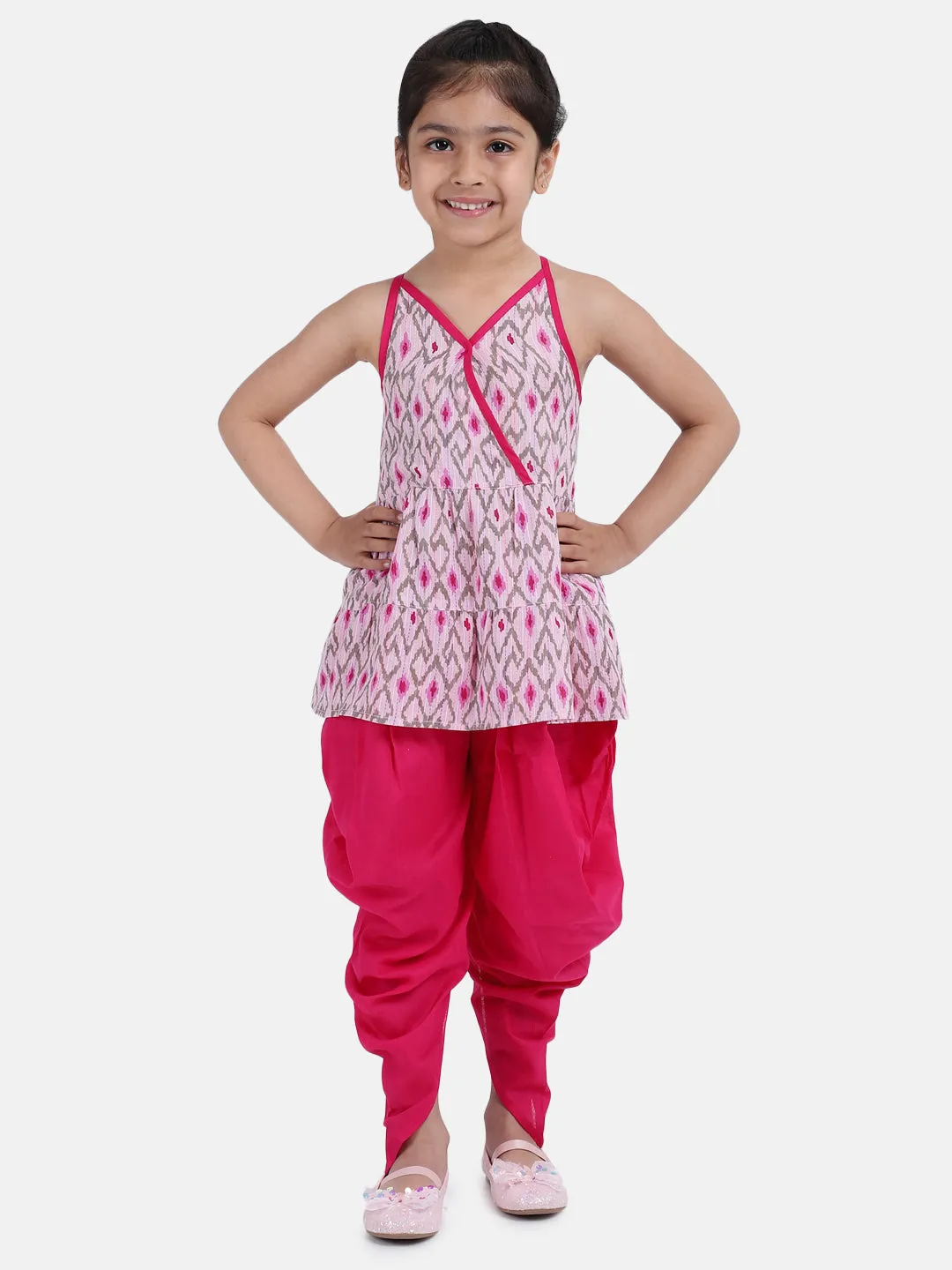 Girls Cambric Cotton Halter Neck Top Dhoti Summer Indo Western Clothing Sets Pink