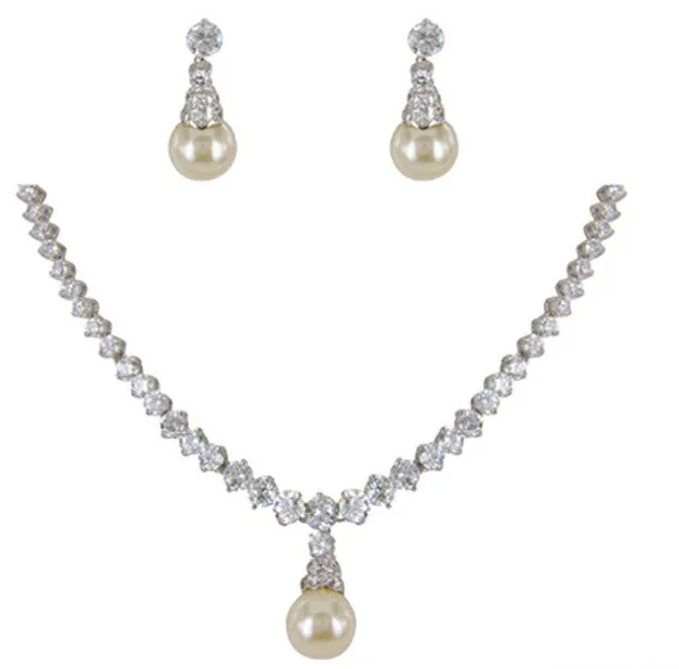 Gloria Cubic Zirconia and Pearl  Bridal Necklace and Earring Set