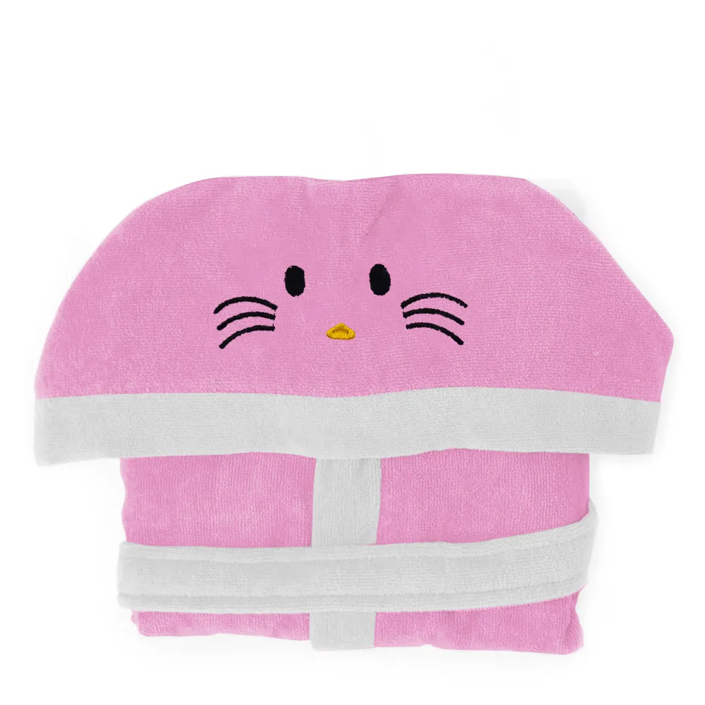 Kitty Embroidered Kids Bathrobe with Hood and Tie Up Belt - Pink