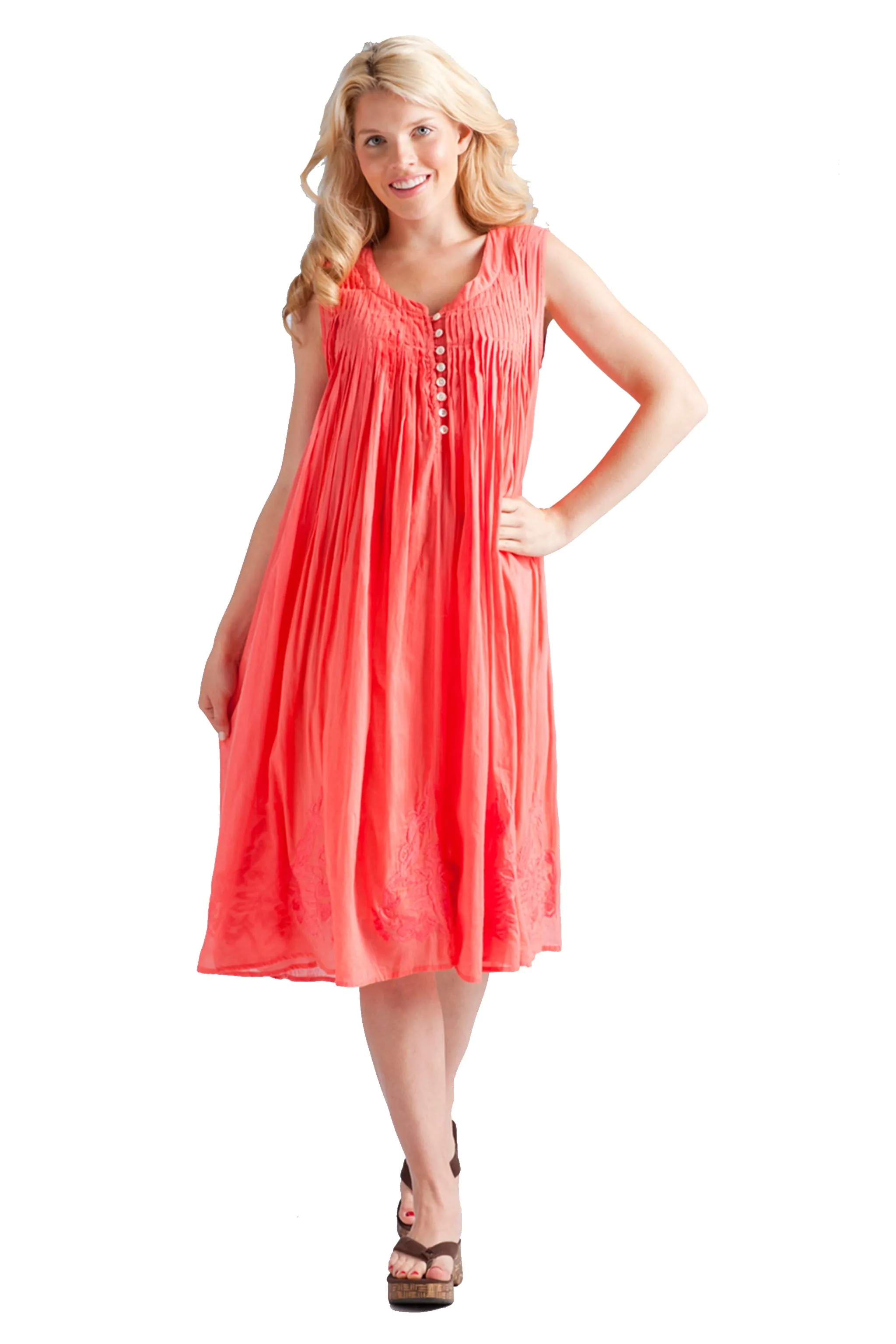 La Cera 100% Cotton Sleeveless Dress with Hem Embroidery