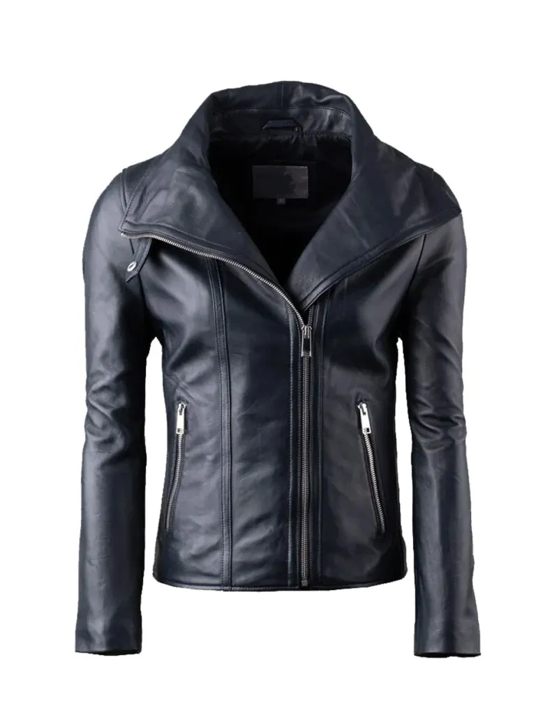 Lapel Style Black Biker Leather Jacket