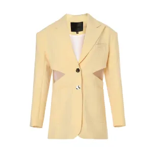 Lemon Yellow Lace Layering Slim Fit Waist Cutout Blazer