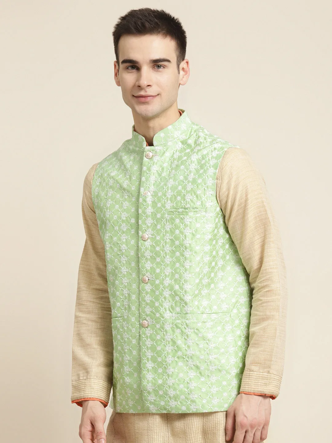 Men's Silk Blend Light Green Embroidered ONLY Nehrujacket - Sojanya