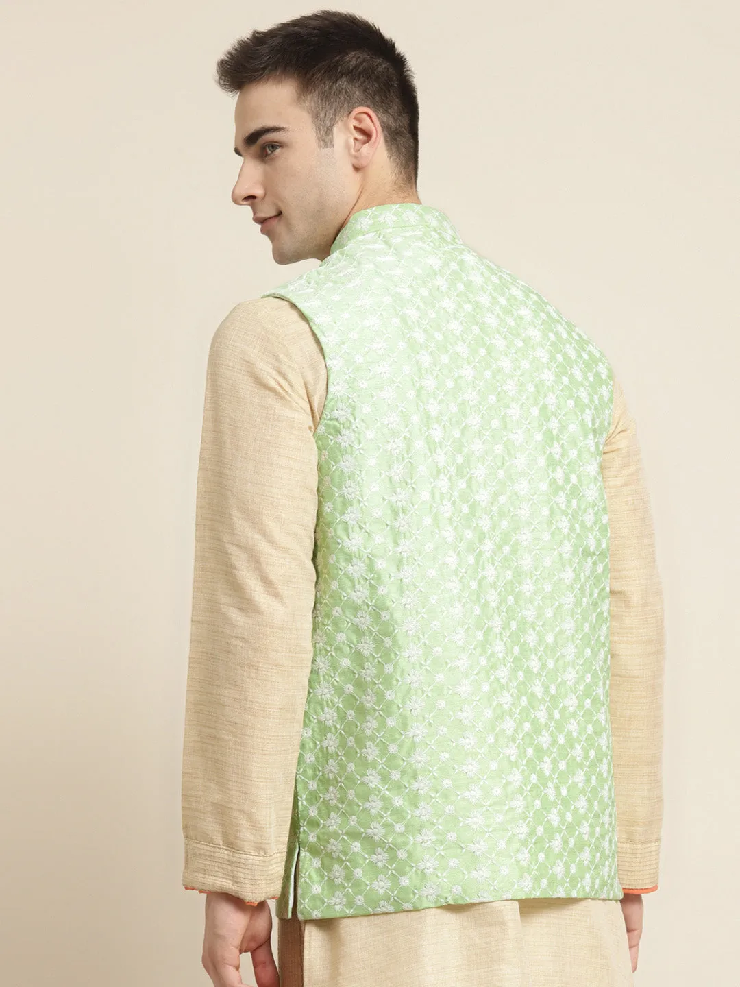 Men's Silk Blend Light Green Embroidered ONLY Nehrujacket - Sojanya