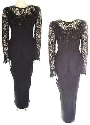 *NEW - ELEGANT  VINTAGE CHIARISSE 2-PIECE CHANTILLY LACE CREPE SWEETHEART NECKLINE EVENING GOWN ADORNED WITH APPLIQUES, SEQUINS, HANGING BEADS - SIZE LARGE - NEW WITH TAG $590