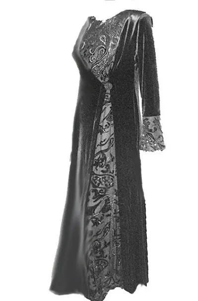 NEW WITH TAG - FROM MY OWN PERSONAL COLLECTION - FABULOUS VICTORIAN-LOOK VELVETY EVENING GOWN / DRESSING GOWN ADORNED WITH SPARKLING SILVER BURNOUT FABRIC