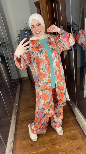 Orange Printed Silk Kimono Set