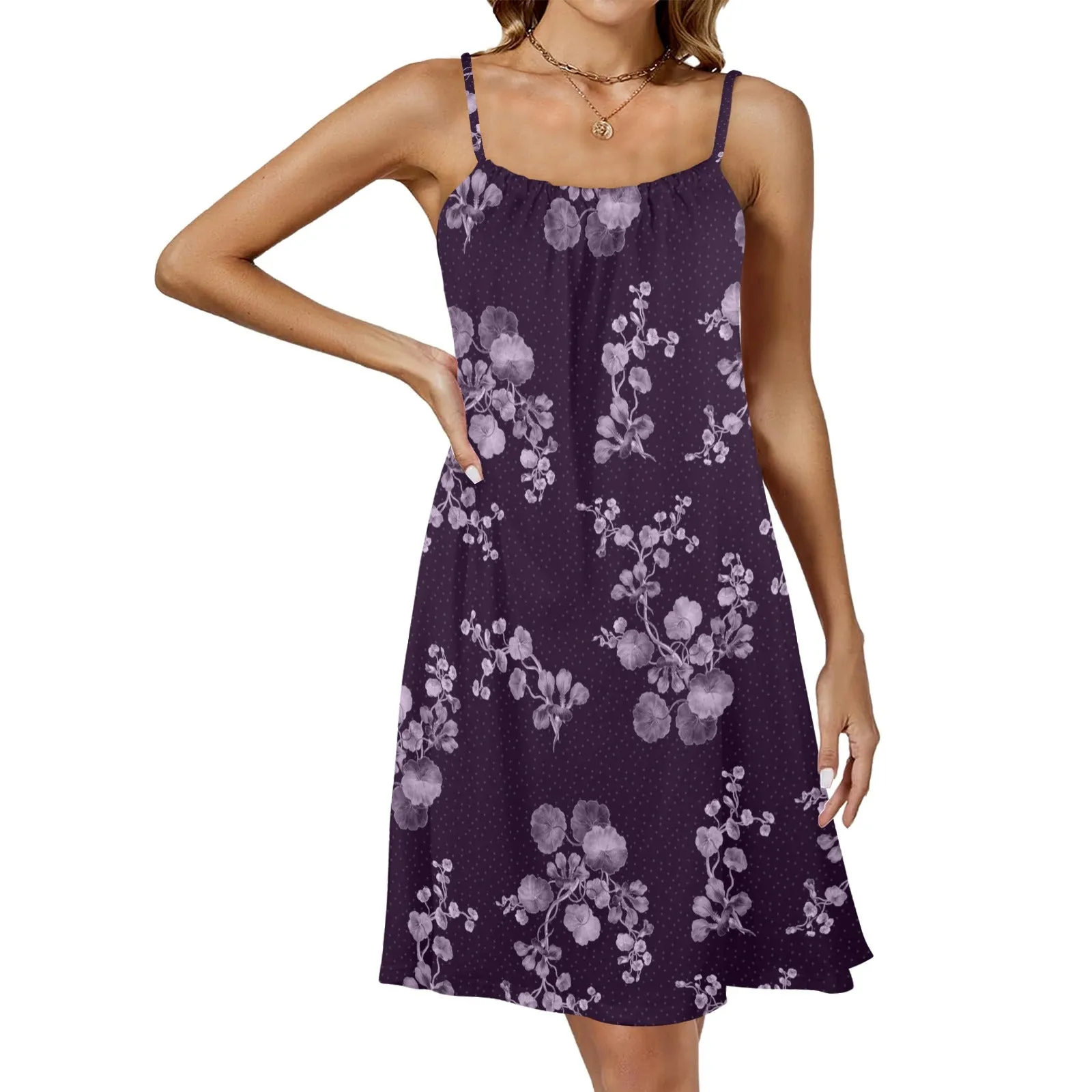 purple floral polka dots print Drawstring Neck Sleeveless Dress (Model D68)