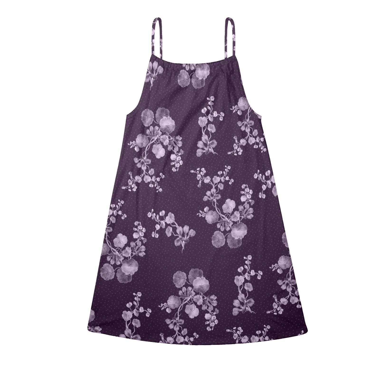 purple floral polka dots print Drawstring Neck Sleeveless Dress (Model D68)