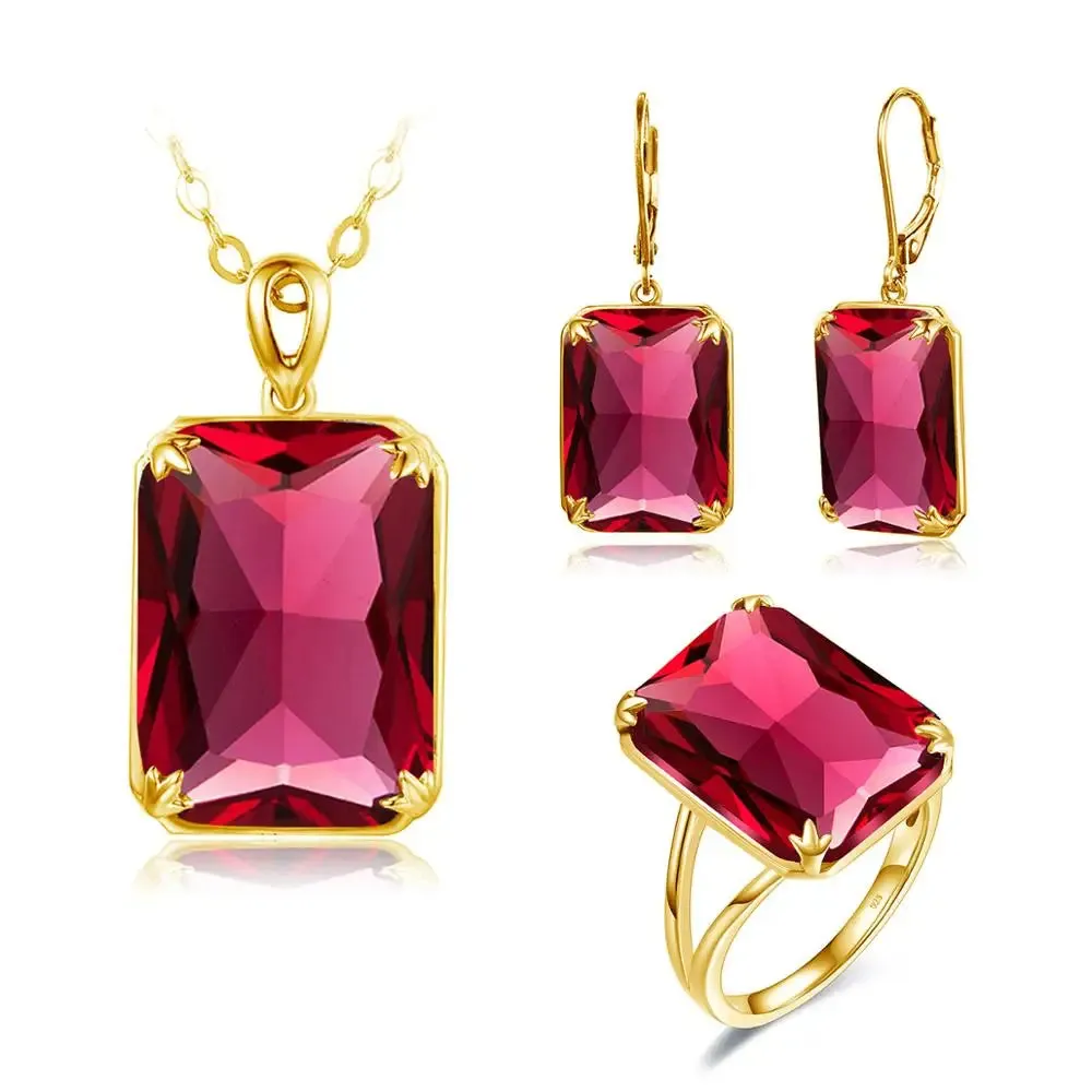 Real 925 Sterling Silver and real stone  Jewellery Set For Women Gold Color Ruby Necklace Pendant Earrings Ring Set Silver 925 Jewelry