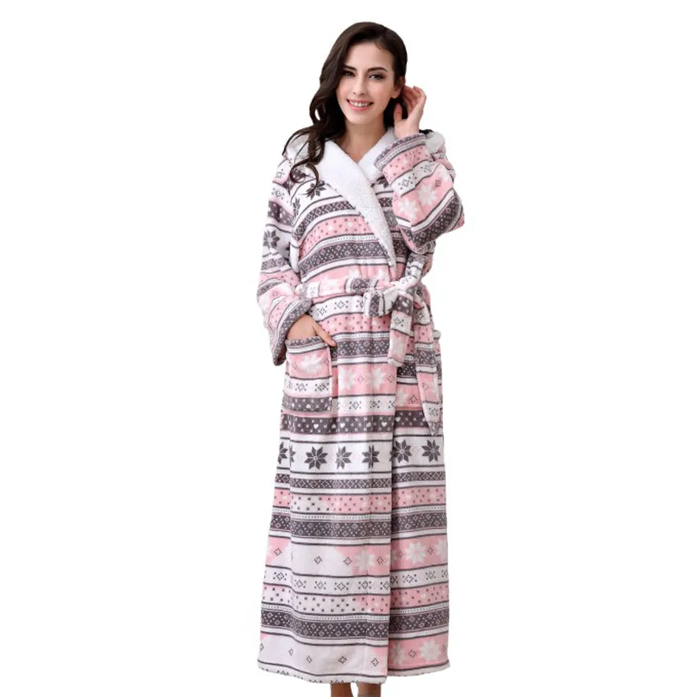 RH Hooded Bathrobe Women's Printed Long Fleece Warm Spa Robe Sleepwear RHW2800