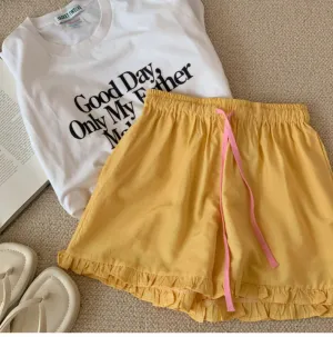 Ruffle Thin Stripes Shorts Lounge Bottoms / Yellow