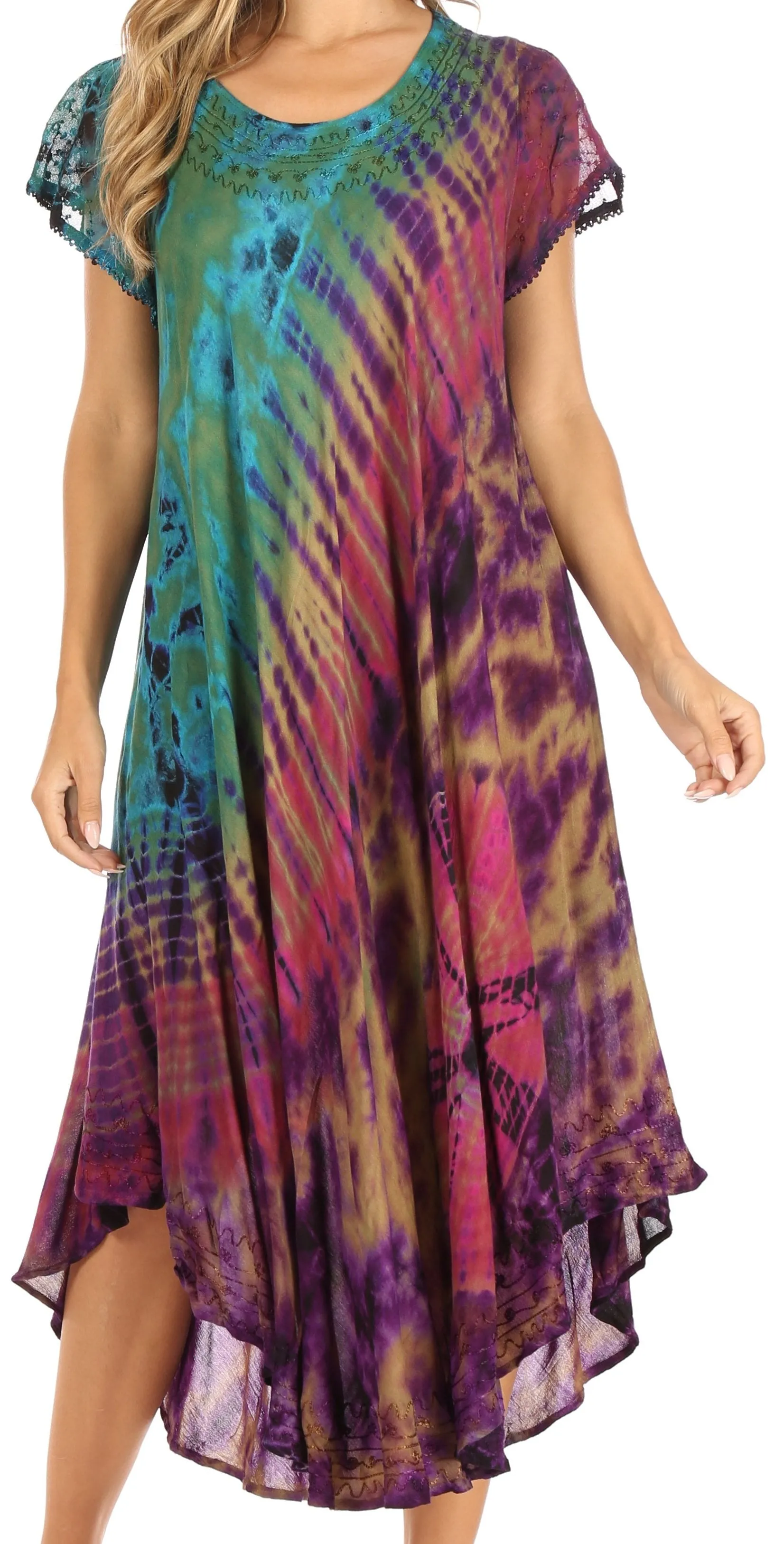 Sakkas Sofi Women's Short Sleeve Embroidered Tie Dye Caftan Tank Dress / Cover Up