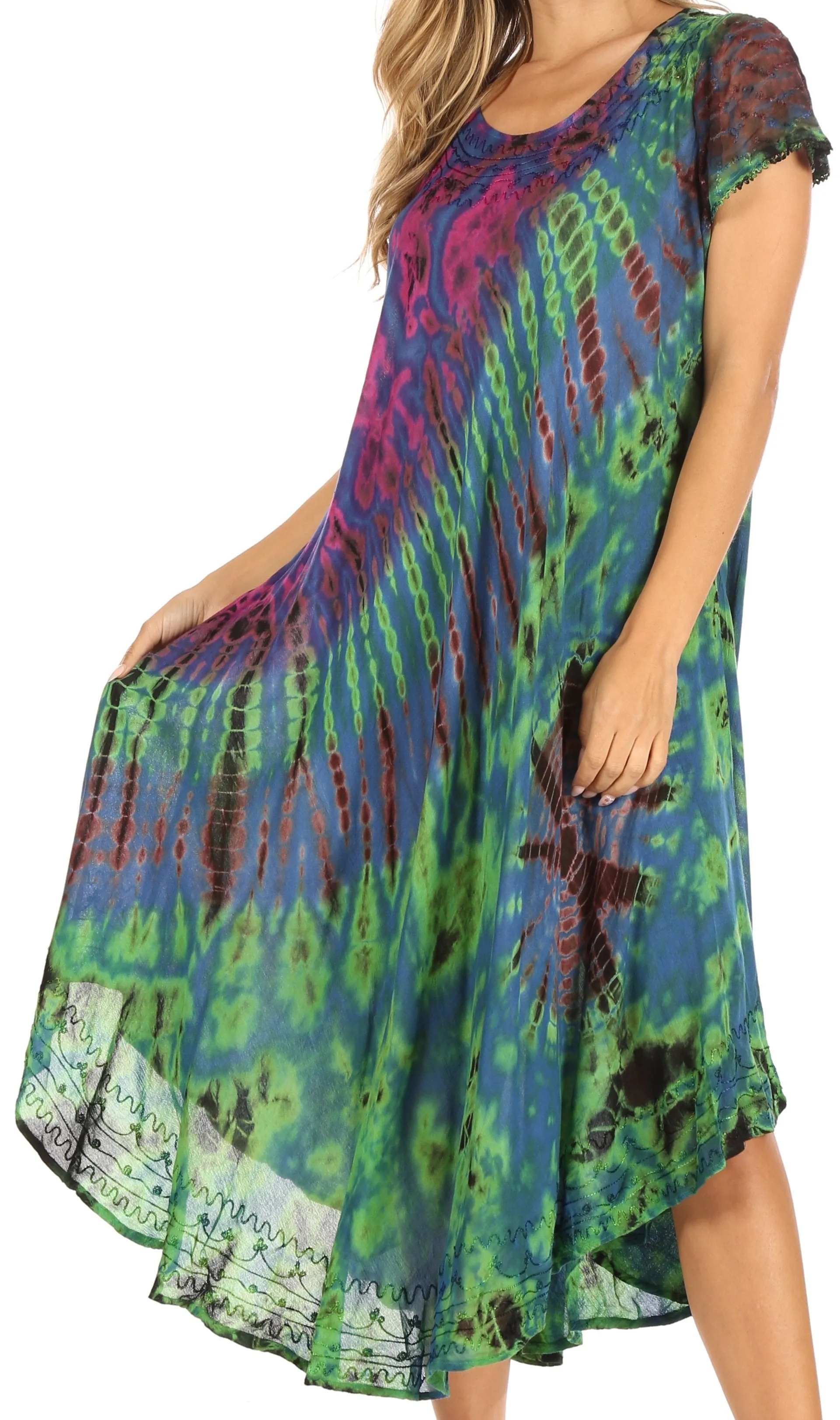 Sakkas Sofi Women's Short Sleeve Embroidered Tie Dye Caftan Tank Dress / Cover Up