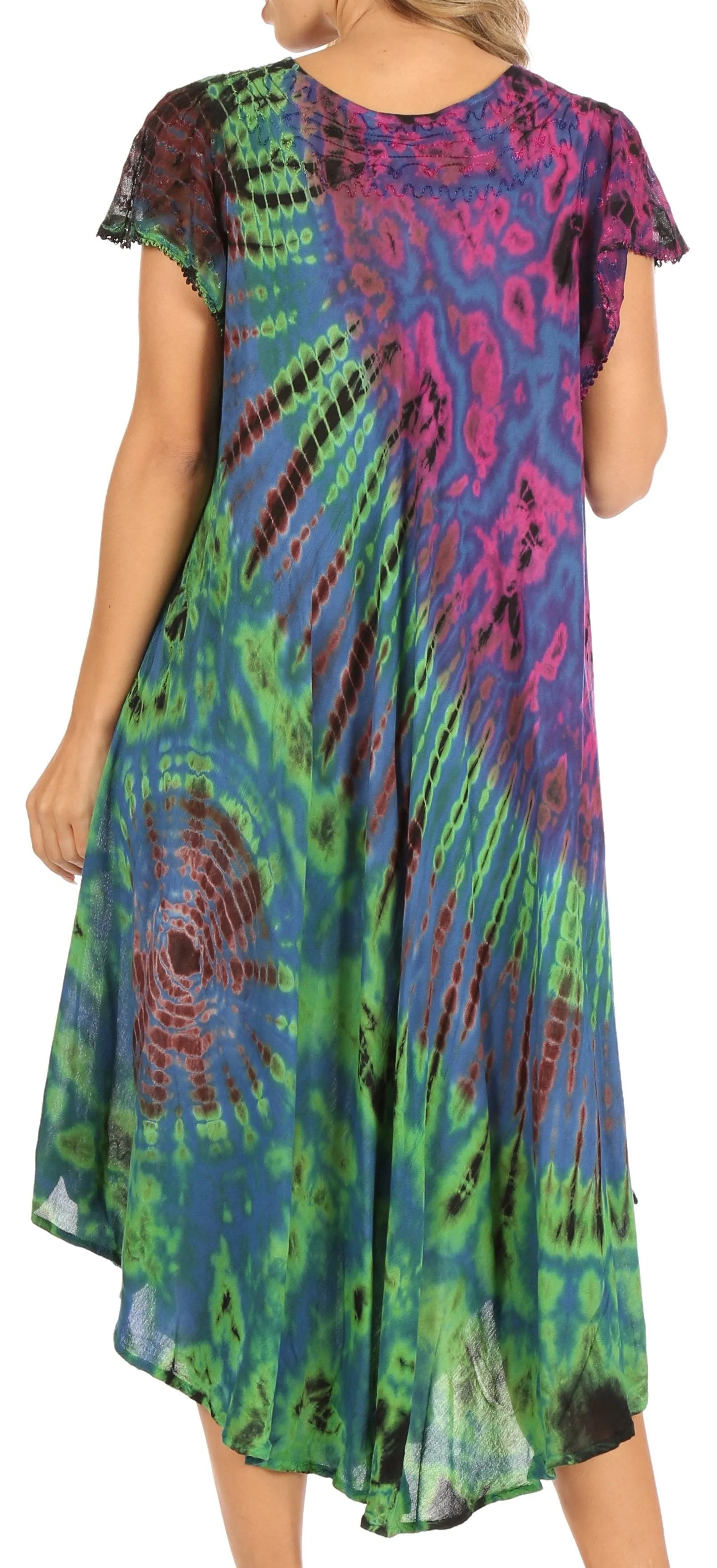 Sakkas Sofi Women's Short Sleeve Embroidered Tie Dye Caftan Tank Dress / Cover Up