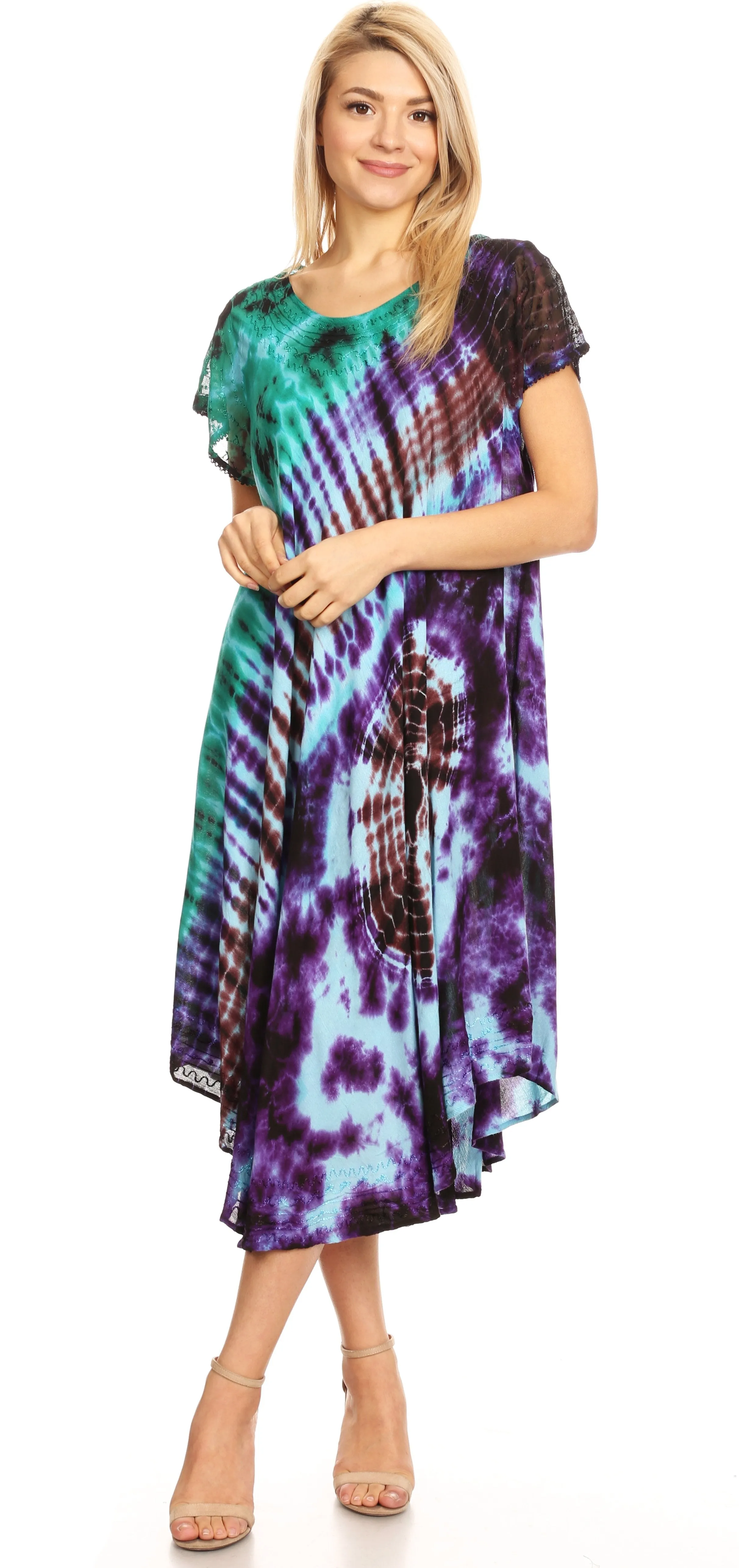 Sakkas Sofi Women's Short Sleeve Embroidered Tie Dye Caftan Tank Dress / Cover Up