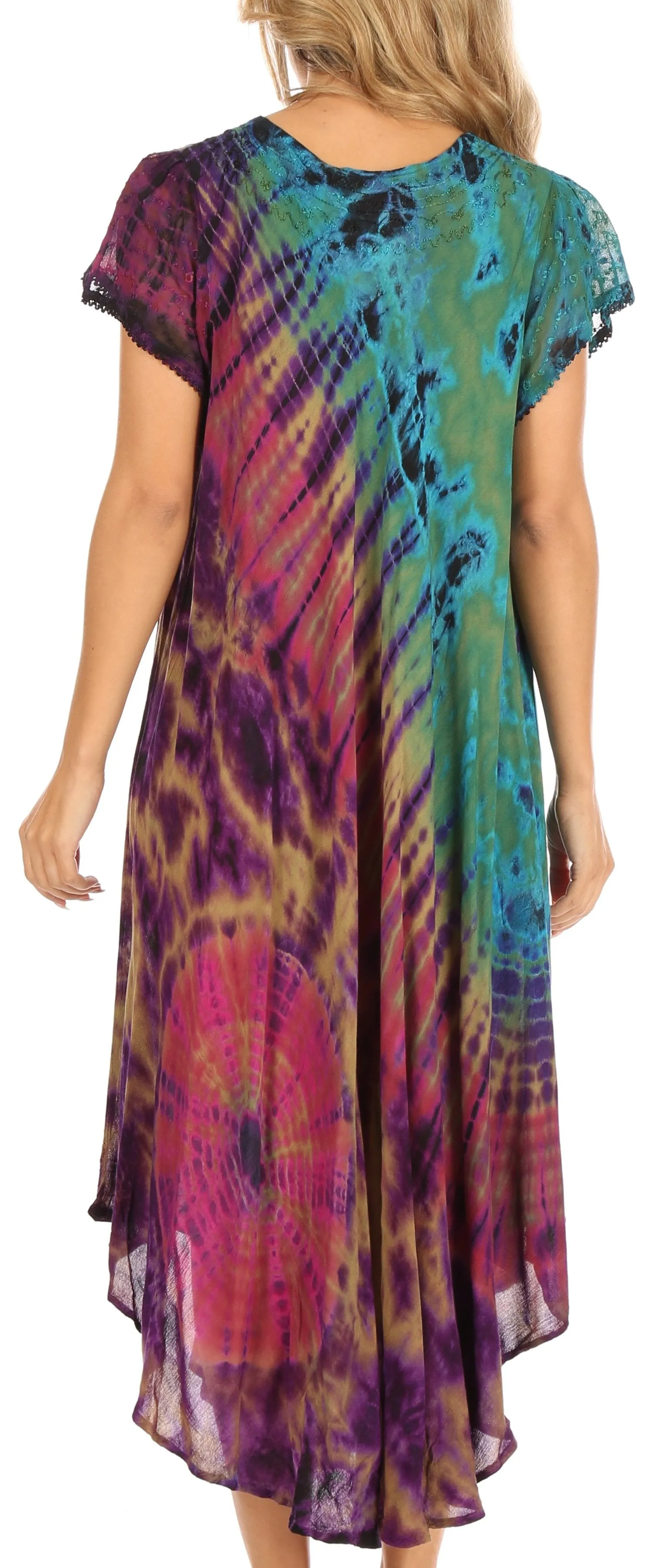 Sakkas Sofi Women's Short Sleeve Embroidered Tie Dye Caftan Tank Dress / Cover Up