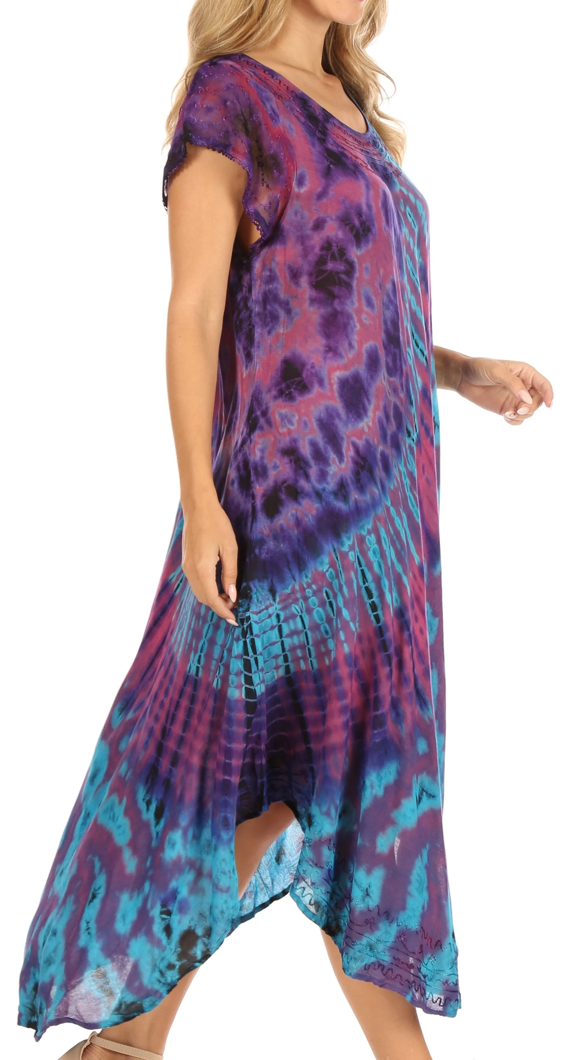 Sakkas Sofi Women's Short Sleeve Embroidered Tie Dye Caftan Tank Dress / Cover Up