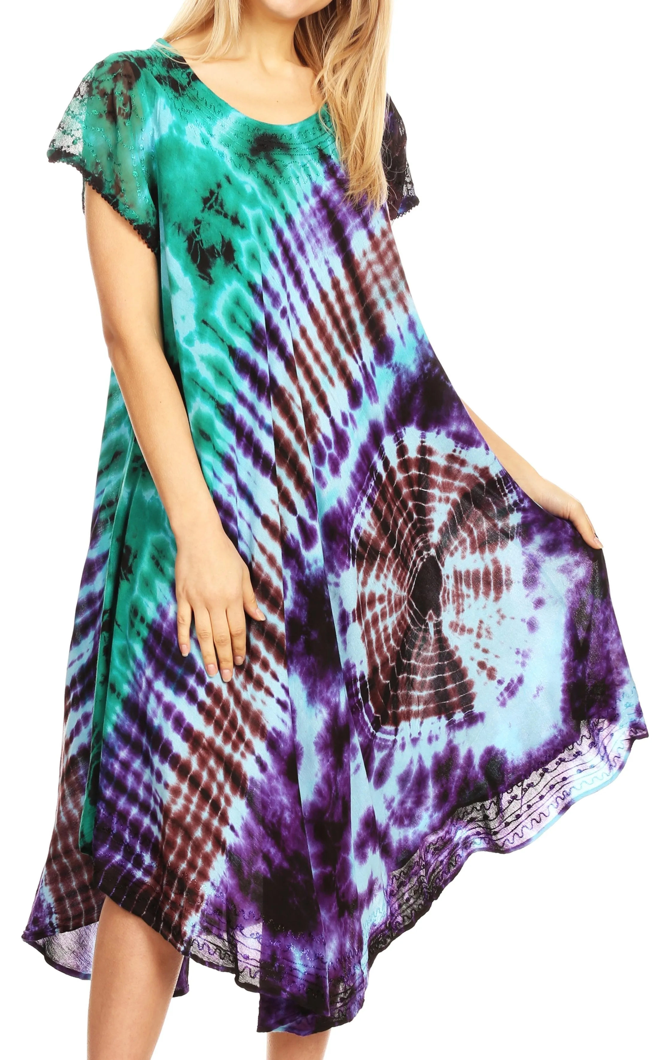 Sakkas Sofi Women's Short Sleeve Embroidered Tie Dye Caftan Tank Dress / Cover Up