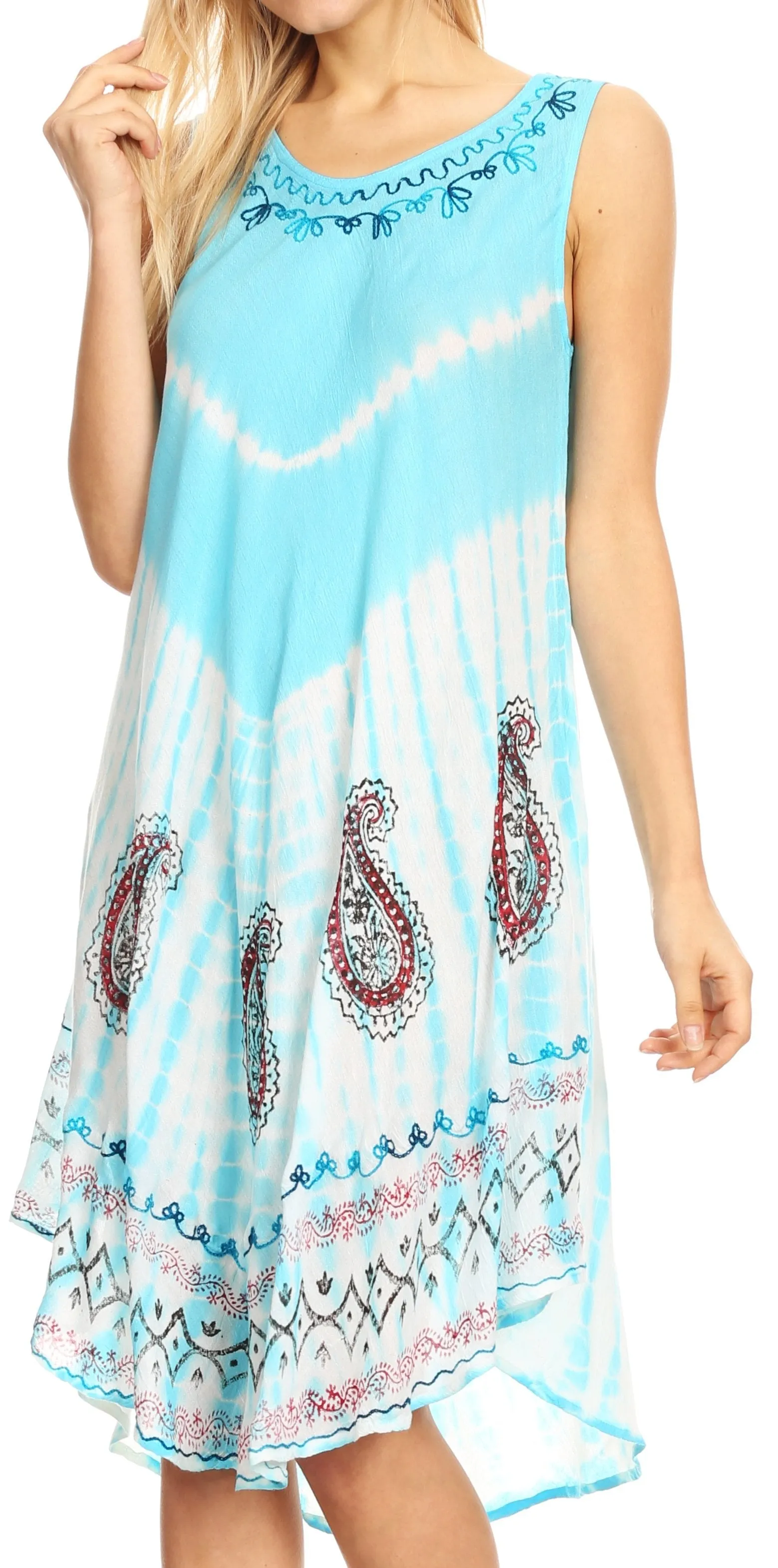 Sakkas Violeta Women's Tie Dye Paisley Caftan Midi Sleeveless Tank Dress  Cover Up