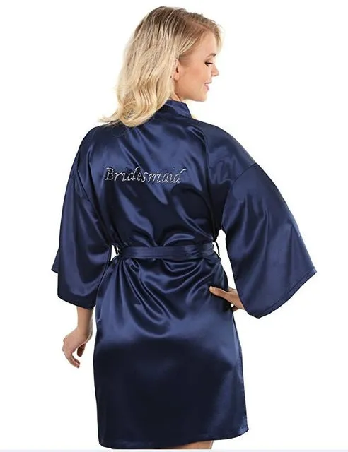 Satin Faux Silk Wedding Bride Bridesmaid Robes,White Bridal Dressing Gown/ Kimono Bathrobes,"BRIDE""BRIDE MAID" Graphic on Back