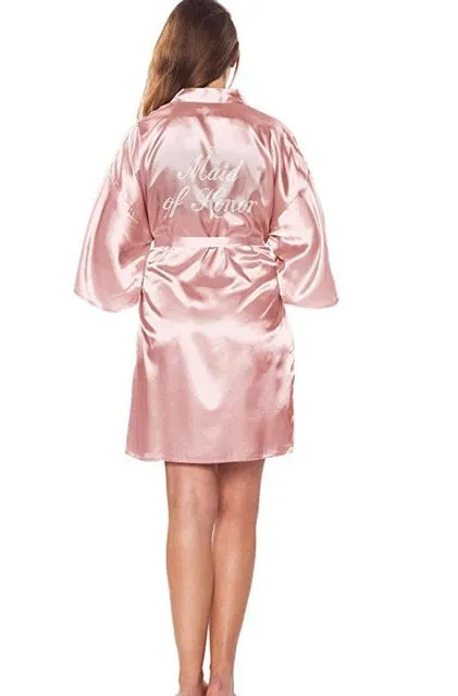 Satin Faux Silk Wedding Bride Bridesmaid Robes,White Bridal Dressing Gown/ Kimono Bathrobes,"BRIDE""BRIDE MAID" Graphic on Back