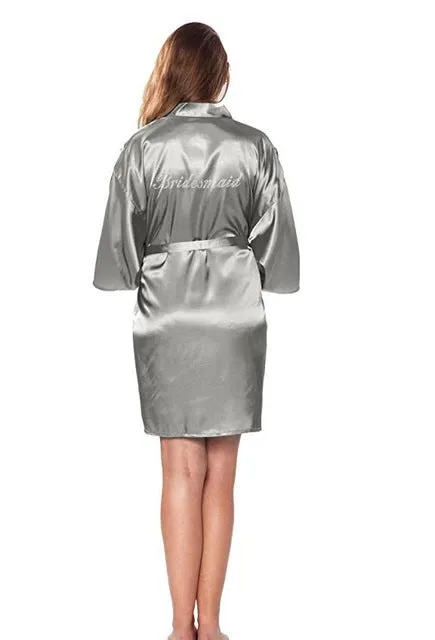 Satin Faux Silk Wedding Bride Bridesmaid Robes,White Bridal Dressing Gown/ Kimono Bathrobes,"BRIDE""BRIDE MAID" Graphic on Back