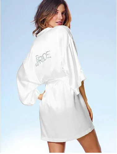 Satin Faux Silk Wedding Bride Bridesmaid Robes,White Bridal Dressing Gown/ Kimono Bathrobes,"BRIDE""BRIDE MAID" Graphic on Back