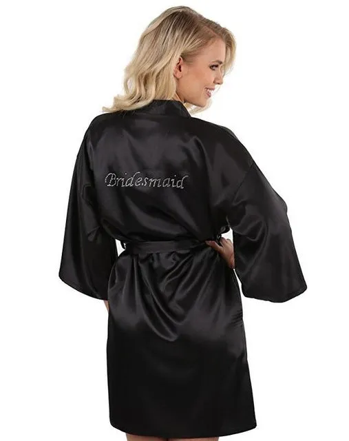 Satin Faux Silk Wedding Bride Bridesmaid Robes,White Bridal Dressing Gown/ Kimono Bathrobes,"BRIDE""BRIDE MAID" Graphic on Back