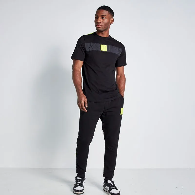 Taped Cut and Sew Perforated Logo Joggers - Black / Limeade