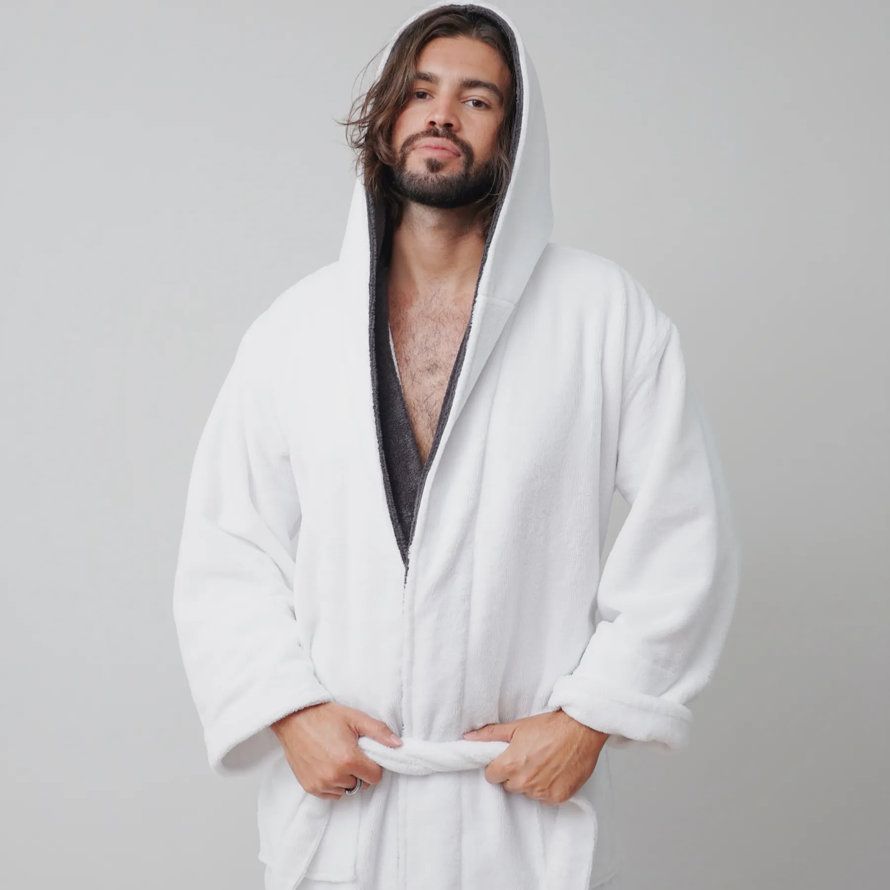 taurus mountain collection absorb8™ hooded robe, white with dark gray interior hood