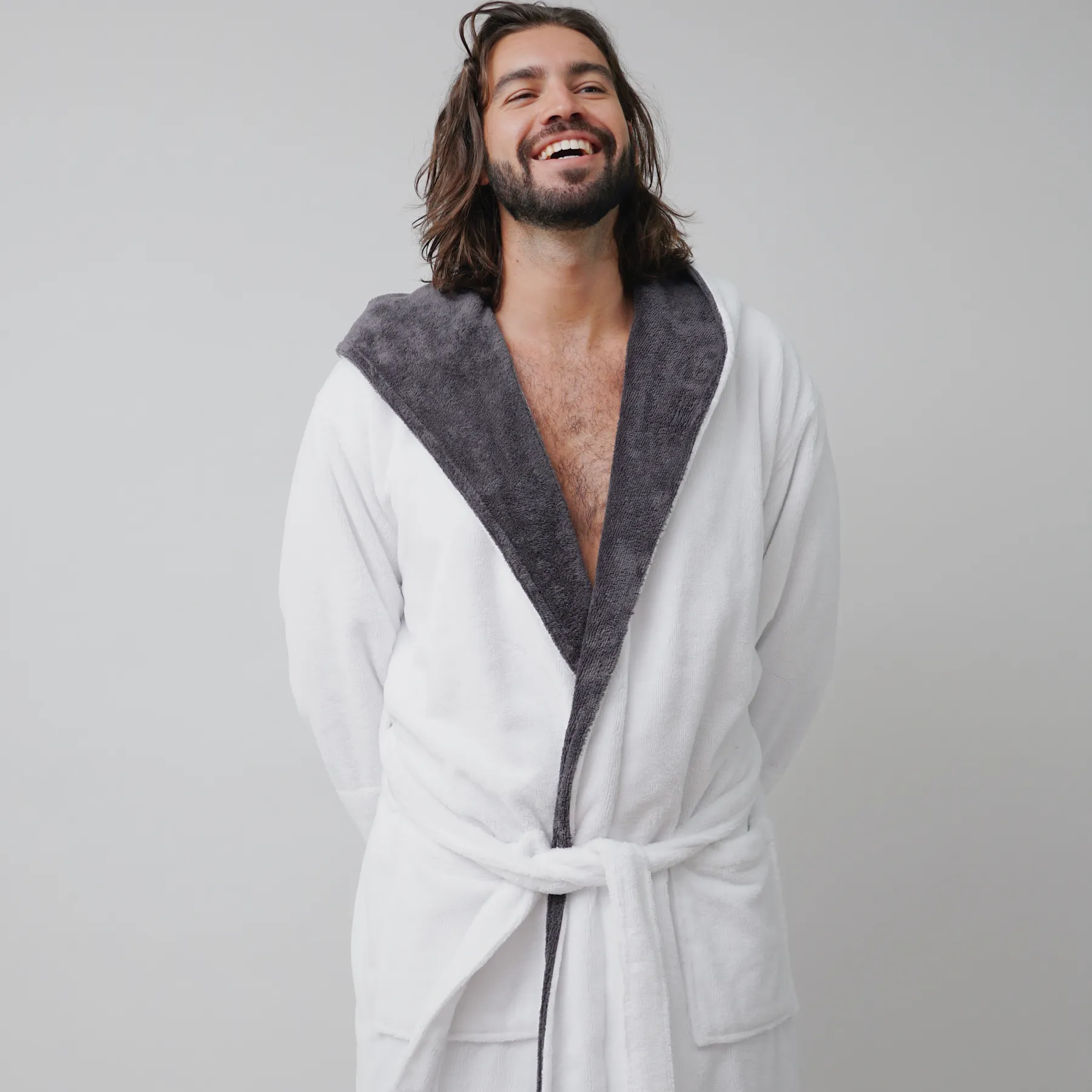 taurus mountain collection absorb8™ hooded robe, white with dark gray interior hood