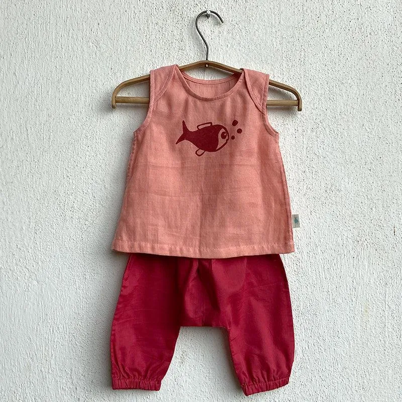 UNISEX ORGANIC KOI JHABLA PJ BAG  - KOI RED JHABLA   PEACH JHABLA WITH RED PANTS