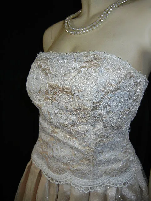 *VINTAGE BARI JAY LACE, APPLIQUE & ORGANZA STRAPLESS EVENING GOWN IN CHAMPAGNE