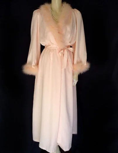 *VINTAGE INTIME MARABOU PEACHY PINK SATINY PEIGNOIR & NIGHTGOWN SET