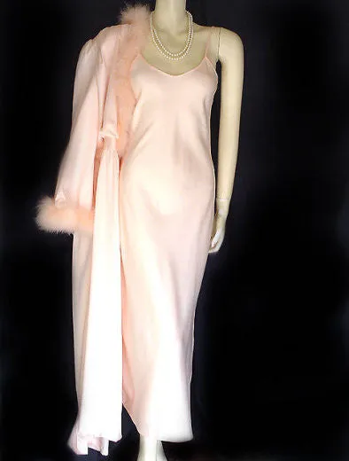 *VINTAGE INTIME MARABOU PEACHY PINK SATINY PEIGNOIR & NIGHTGOWN SET