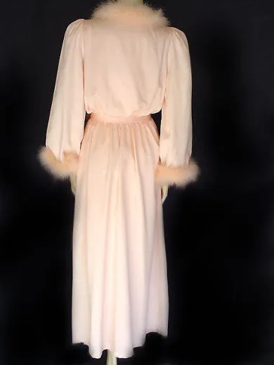 *VINTAGE INTIME MARABOU PEACHY PINK SATINY PEIGNOIR & NIGHTGOWN SET