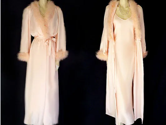 *VINTAGE INTIME MARABOU PEACHY PINK SATINY PEIGNOIR & NIGHTGOWN SET