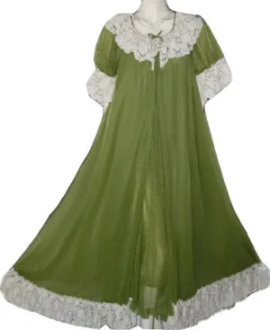 *VINTAGE ROVEL OF CALIFORNIA DOUBLE NYLON LACE PEIGNOIR & NIGHTGOWN SET IN SPANISH MOSS