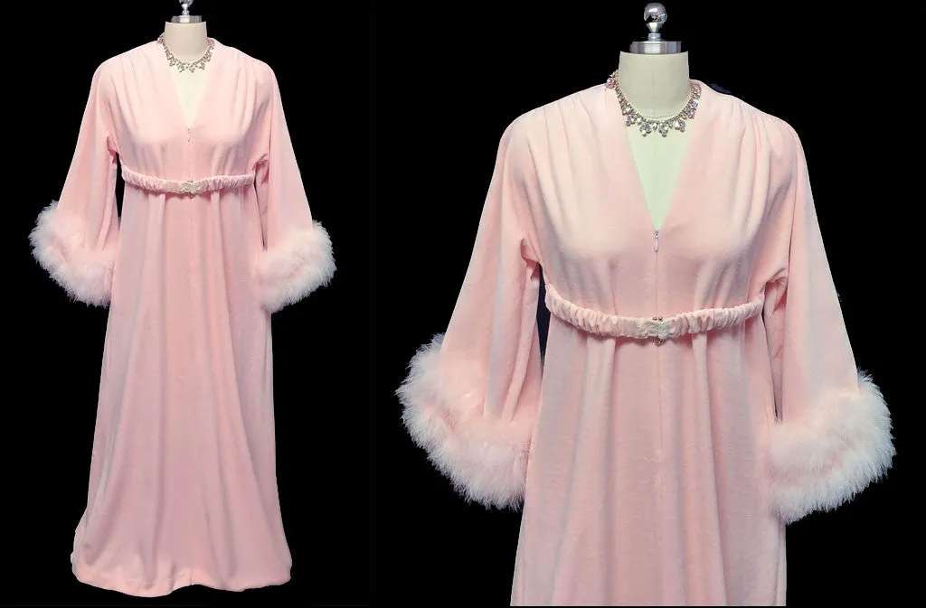 *VINTAGE SAKS FIFTH AVENUE VELOUR DRESSING GOWN ROBE ADORNED WITH FLUFFY PINK MARABOU IN CHERUB PINK - WOULD MAKE A WONDERFUL CHRISTMAS OR BIRTHDAY GIFT!