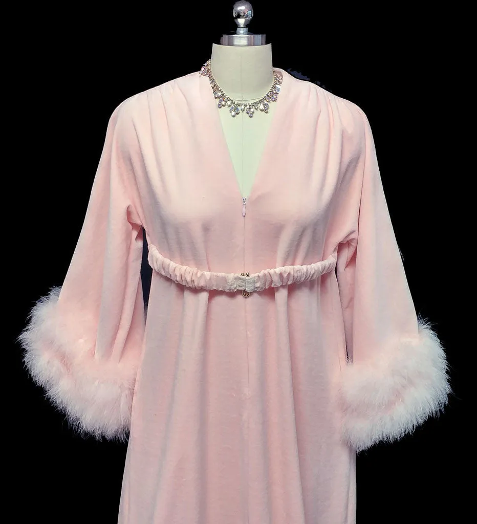 *VINTAGE SAKS FIFTH AVENUE VELOUR DRESSING GOWN ROBE ADORNED WITH FLUFFY PINK MARABOU IN CHERUB PINK - WOULD MAKE A WONDERFUL CHRISTMAS OR BIRTHDAY GIFT!