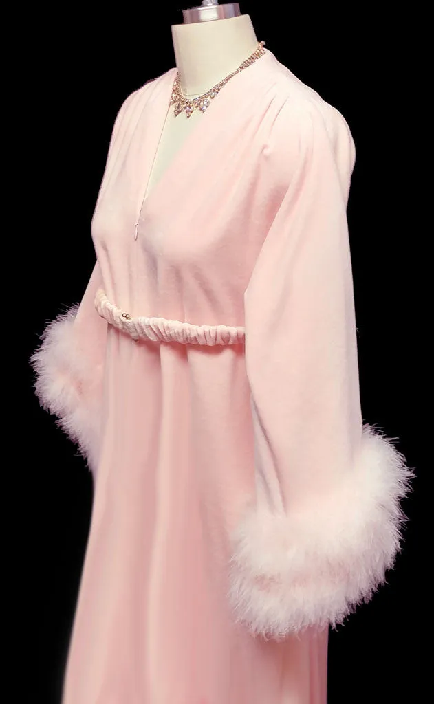 *VINTAGE SAKS FIFTH AVENUE VELOUR DRESSING GOWN ROBE ADORNED WITH FLUFFY PINK MARABOU IN CHERUB PINK - WOULD MAKE A WONDERFUL CHRISTMAS OR BIRTHDAY GIFT!