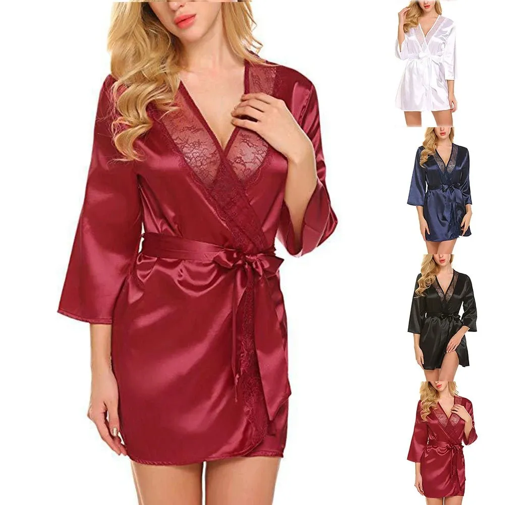 Women Satin Kimono Bathrobe Half Sleeve Lace Edge Bride Wedding Wrap Dressing Robes Nightgown Pajamas Ladies Home Clothes