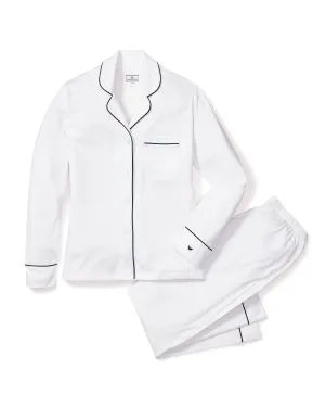 Women's Pima Pajama Set in White with Navy Piping