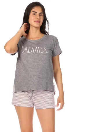 Women's "DREAMER" Short Sleeve Side Slit Tee and Drawstring Shorts Pajama Set